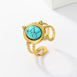 Oval Real 18K Gold Plated Stainless Steel Open Cuff Rings, with Synthetic Turquoise, Oval, no size