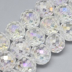 Clear Electroplate Glass Beads Strands, Rainbow Plated, Frosted, Faceted, Round, Clear, 12mm, Hole: 1.5mm, about 50pcs/strand, 22.05 inch