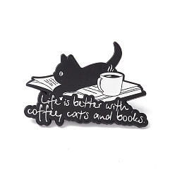 White Word Life Is Better with Coffee Cat and Books Enamel Pin, Teachers' Day Alloy Badge for Backpack Clothes, Electrophoresis Black, White, 24x35x1.5mm, Pin: 1mm
