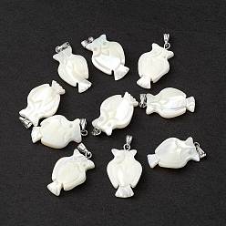 Seashell Color Natural Trochid Shell/Trochus Shell Pendants, Owl Charms, with Platinum Tone Iron Snap on Bails, Seashell Color, 26.5x15.5x5mm, Hole: 6x2.5mm
