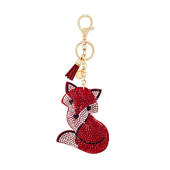 Red Cute Cartoon Fox Keychain with Diamond and Tassel for Bag Accessories
