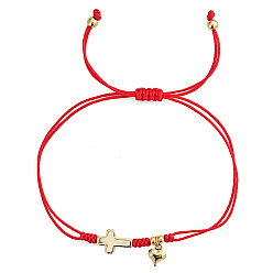Красный Латунные парные браслеты с объемным сердечком и крестиком, двухслойные., Регулируемые браслеты из плетеной нейлоновой нити для женщин и мужчин, красные, 11.02 дюйм (28 см)