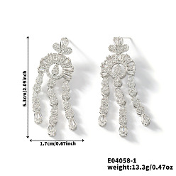 Серебро Элегантные и простые плоские круглые серьги-гвоздики с кисточками из латуни с прозрачным кубическим цирконием, серебряные, 53x17 мм