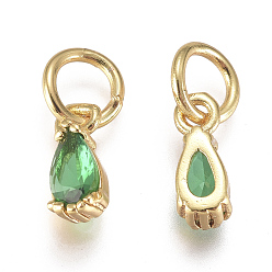 Green Brass Micro Pave Cubic Zirconia Charms, with Jump Ring, Long-Lasting Plated, Real 18K Gold Plated, Faceted, Teardrop, Green, 8x3x3mm, Hole: 3mm