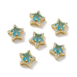 Светло-Синий Латунные микро проложить кубического циркония слайд прелести, звезда, со стеклом, без кадмия и без свинца, стойки покрытие, долговечный, золотые, голубой, 10x10.5x7.3 мм, отверстие : 1.7x1.9 мм