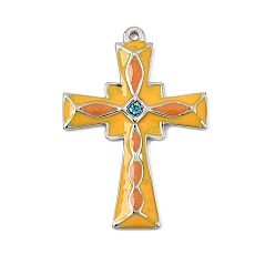 Sapphire 304 Stainless Steel with Orange Enamel Pendants, with Rhinestone, Cross Charms, Stainless Steel Color, Sapphire, 35.5x24.5x2.5mm, Hole: 1.4mm