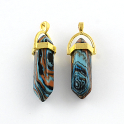 Golden Malachite Stone Pendants with Alloy Findings, Golden, 40~42x13.5x10mm, Hole: 2mm