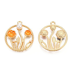 Coral Alloy Enamel Pendants, Cadmium Free & Lead Free, ABS Plastic Imitation Pearl, Flower, Light Gold, Coral, 27x24x6mm, Hole: 1.6mm