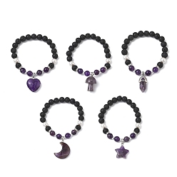 Mixed Shapes Браслеты с подвесками из натурального аметиста, лавового камня и жемчуга из ракушек., круглые эластичные браслеты из бусин для женщин, С немагнитным синтетическим гематитом, разнообразные, внутренний диаметр: 2.17 дюйм (5.5 см)
