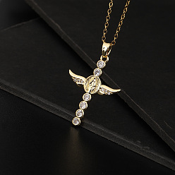 B Mary and Jesus Necklace with Angel Wings Pendant, Cubic Zirconia Inlaid Gold Plated Collarbone Chain for Women