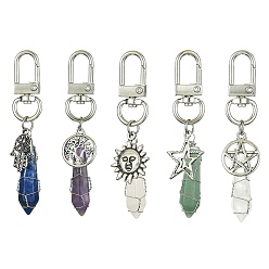 Antique Silver & Platinum Copper Wire Wrapped Gemstone Bullet Pendant Decorations, Tibetan Style Alloy and Swivel Clasps Charms, Mixed Shapes, Antique Silver & Platinum, 72~75mm