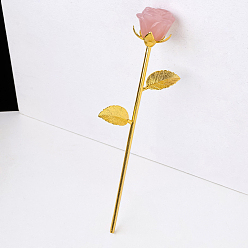 Rose Quartz Natural Rose Quartz Carved Rose Ornaments, Golden Tone Brass Flower Branch for Women Girls Valentine's Day Gift, 230mm