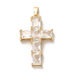 Golden Brass Pendants, with Glass, Long-Lasting Plated, Cross, Golden, 33.5x21x5.5mm, Hole: 5x3mm