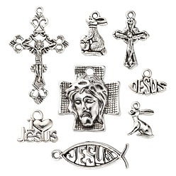 Antique Silver 80Pcs 8 Style Tibetan Style Alloy Pendants, Rabbit & Ichthus & Heart & Word & Crucifix Cross & Cross with Jesus, for Easter, Antique Silver, 11~43.5x9.5~26x2~7mm, Hole: 1.5~3mm, 10pcs/style