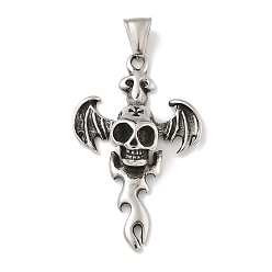 Античное Серебро 304 подвески из нержавеющей стали, Хэллоуин череп летучей мыши крест подвеска, античное серебро, 49x30.5x10.5 мм, отверстие : 8 мм