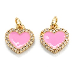 Pink Brass Micro Pave Clear Cubic Zirconia Pendants, with Enamel, Real 18K Gold Plated, Long-Lasting Plated, Heart, Pink, 12x11x2mm, Hole: 3.2mm