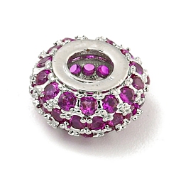 Ярко-Розовый Стойки обшивки латунь микро проложить кубического циркония бусы, долговечный, без свинца и без кадмия, рондель, платина, ярко-розовый, 9.5x5 мм, отверстие : 3 мм