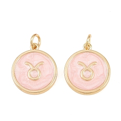 Taurus Brass Enamel Pendants, Flat Round & Constellation Charms, Rack Plating, Long-Lasting Plated, Cadmium Free & Lead Free, Golden, Taurus Charms, 17.5x15x2mm, Hole: 3mm