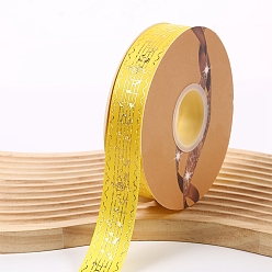 Yellow 48 Yards Printed Polyester Ribbons, Flat Ribbon with Hot Stamping Musical Note Pattern, Garment Accessories, Yellow, 1 inch(25mm)