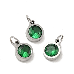Green 304 Stainless Steel Pendants, with Cubic Zirconia and Jump Rings, Single Stone Charms, Flat Round, Stainless Steel Color, Green, 9.5x7.5x3mm, Hole: 3.6mm