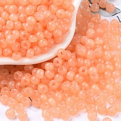 Coral 6/0 Imitation Jade Glass Seed Beads, Luster, Dyed, Round, Coral, 4x3mm, Hole: 1.2mm, about 7500pcs/pound