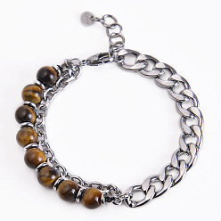 Yellow tiger eye bracelet Bracelet pour hommes en acier inoxydable double couche en pierre d'oeil de tigre avec chaîne de perles en pierre naturelle