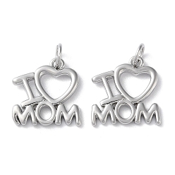 Platinum Mother's Day Rack Plating Brass Charms, with Jump Ring, Cadmium Free & Lead Free, Long-Lasting Plated, Word I Love Mom Charm, Platinum, 14.5x14.5x1.5mm, Hole: 3.2mm