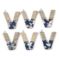 Letter V Кулоны из непрозрачной смолы и дерева, буквы, с платиновой петлей, Буква V, 37.5~45x11~53x6 мм, отверстие : 2 мм