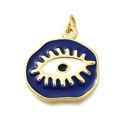 Темно-Синий Латунь эмаль подвески, с целью перехода в кольце, без свинца и без кадмия, реальный 18 k позолоченный, плоский круглый с шармом в виде глаз, темно-синий, 19.5x18.5x2 мм, отверстие : 3.3 мм