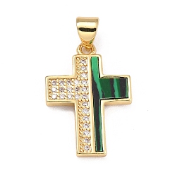 Malachite Real 18K Gold Plated Brass Micro Pave Clear Cubic Zirconia Pendants, with Natural Malachite, Cross, 21.5x15x2mm, Hole: 5x3mm
