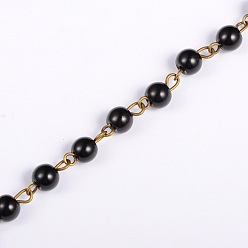Black Handmade Round Glass Pearl Beads Chains for Necklaces Bracelets Making, with Antique Bronze Iron Eye Pin, Unwelded, Black, 39.3 inch, Bead: 6mm