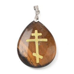 Тигровый глаз Природных тигровый глаз подвески, с реечной обшивкой латунными выводами, без кадмия и без свинца, подвеска в виде капли и креста, 31x25x5~7 мм, отверстие : 4.5x4 мм