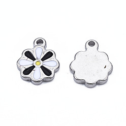 Черный 304 прелести нержавеющей стали, с эмалью, цветок, цвет нержавеющей стали, чёрные, 12.5x10x2 мм, отверстие : 1.5 мм