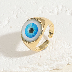 Deep Sky Blue Resin Devil's Eye Cuff Rings, Adjustable Rings, Real 14K Gold Plated Brass Evil Eye Ring for Men Women, Deep Sky Blue, 20x16mm