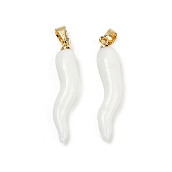 White Handmade Lampwork with Brass Pendants, Horn of Plenty Charms, White, 26.5x6.5x6.5mm, Hole: 5x3.5mm