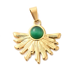 Green Resin Imitation Cat Eye Pendants, Ion Plating(IP) Golden Plated 304 Stainless Steel Fan Charms, Green, 25x26x4mm, Hole: 7.5x3.5mm
