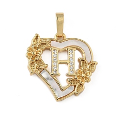 Letter H Латунь микропаве фианиты с подвесками-ракушками, Сердце и письмо, долговечный, без свинца и без кадмия, стойки покрытие, Письмо ч, 20x20.5x3 мм, отверстие : 3.5x5 мм