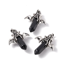 Obsidian Natural Obsidian Pendants, with Antique Silver Tone Alloy Bat Findings, Cadmium Free & Lead Free, Faceted Bullet Charm, 47x39x14mm, Hole: 6x9mm