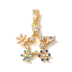 Golden Brass Micro Pave Clear Cubic Zirconia Pendants, with Enamel, Star with Flower Charms, Colorful, Golden, 16x15x3mm, Hole: 4x2.5mm
