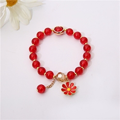 Red Glass Round Beaded Stretch Bracelets, with Alloy Enamel Daisy Flower Charms, Red, Inner Diameter: 2-3/8 inch(6cm)