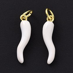 Белый Подвески из латуни с покрытием из эмали, с целью перехода в кольце, долговечный, реальный 18 k позолоченный, без кадмия и без свинца, рог изобилия / итальянский рог корничелло амулеты, белые, 18.5x4.5x4 мм, Перейти кольцо: 5x0.8 мм, внутренний диаметр: 3 мм