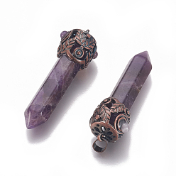 Amethyst Natural Amethyst Big Pointed Pendants, with Brass Findings, Bullet, Red Copper, 53.2x11~17x10.5~20.5mm, Hole: 7.5x5mm