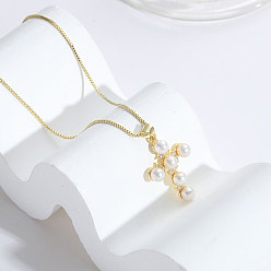 XL2081-White Classic Pearl Cross Necklace with Zirconia, 14k Gold Pendant Chain for Women