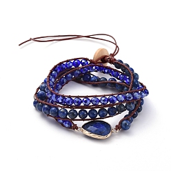 Lapis Lazuli Faceted Glass & Natural Lapis Lazuli(Dyed) Beaded Wrap Bracelets, with Cowhide Leather Cord and Burlap, Teardrop, 570x7mm