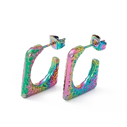 Rainbow Color Ion Plating(IP) 304 Stainless Steel Rectangle Stud Earrings, Half Hoop Earrings for Women, Rainbow Color, 20.5x16.5x3mm, Pin: 0.7mm