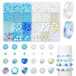 Deep Sky Blue DIY Bracetet Making Kit, Including Polymer Clay Disc & Glass Pearl & Seed & Acrylic Beads, Heart & Flower, Mixed Color