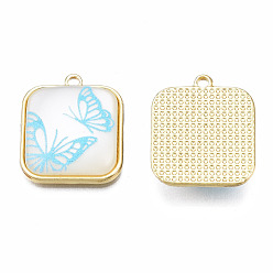 Light Sky Blue Resin Pendants, with Light Gold Plated Alloy, Cadmium Free & Nickel Free & Lead Free, Square with Butterfly, Light Sky Blue, 20.5x18x5.5mm, Hole: 1.6mm