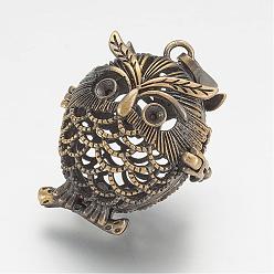 Античная Бронза Латунные подвески с ажурной резьбой, для ожерелья, сова, античная бронза, 30x24x17.5 мм, отверстия: 4 mm, Внутренний размер: 15.5x19 mm