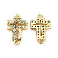 Real 18K Gold Plated Brass Micro Pave Clear Cubic Zirconia Connector Charms, Religion Cross Links, Real 18K Gold Plated, 15x9.5x2mm, Hole: 1mm