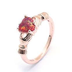 Rose Gold Synthetic Opal Finger Rings, with Cubic Zirconia and Brass Findings, Long-Lasting Plated, Irish Heart, Size 7, Dark Red, Rose Gold, 17mm
